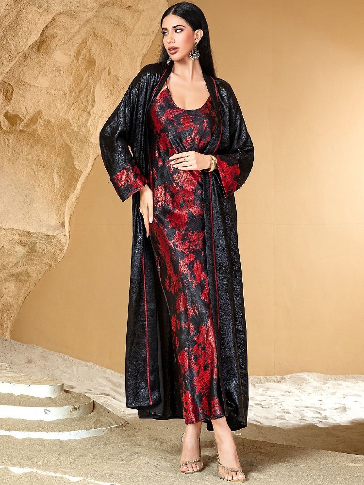 Embroidery Kebaya - Siyah Kırmızı Açık Kimono Abaya Damen